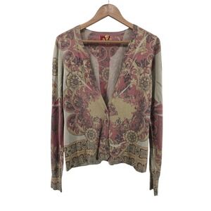 One World Women's Cardigan Sweater M Beige Red‎ Floral Print Button Front Knit